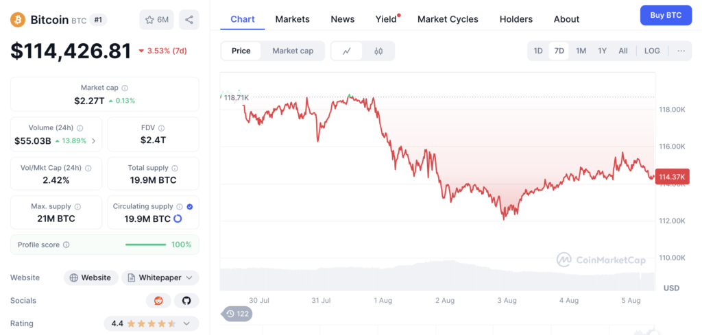 نمودار قیمت و اطلاعات بازار بیت کوین - منبع: CoinMarketCap
